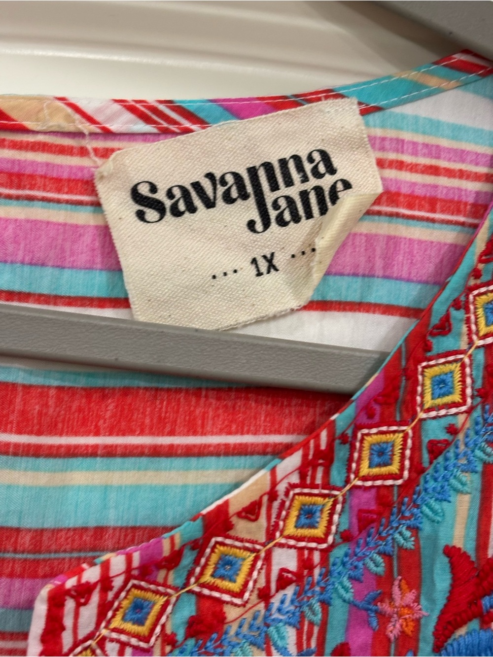 Savanna Jane Pink Multi-Color Embroidered Striped Cap Sleeve Blouse - Picture 2 of 5